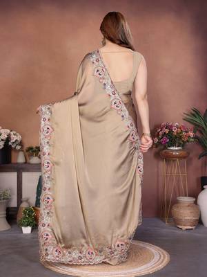 brown color rangoli silk embroidery work saree with plain  blouse piece 3