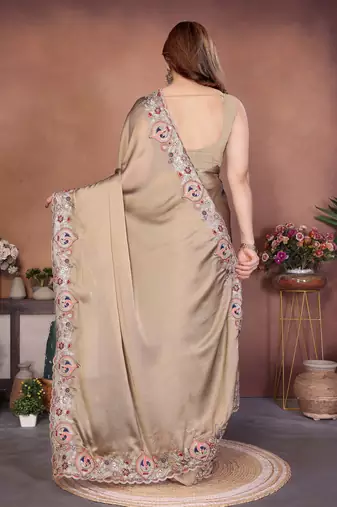 brown color rangoli silk embroidery work saree with plain  blouse piece