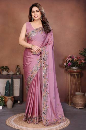 pink color rangoli silk embroidery work saree with plain  blouse piece