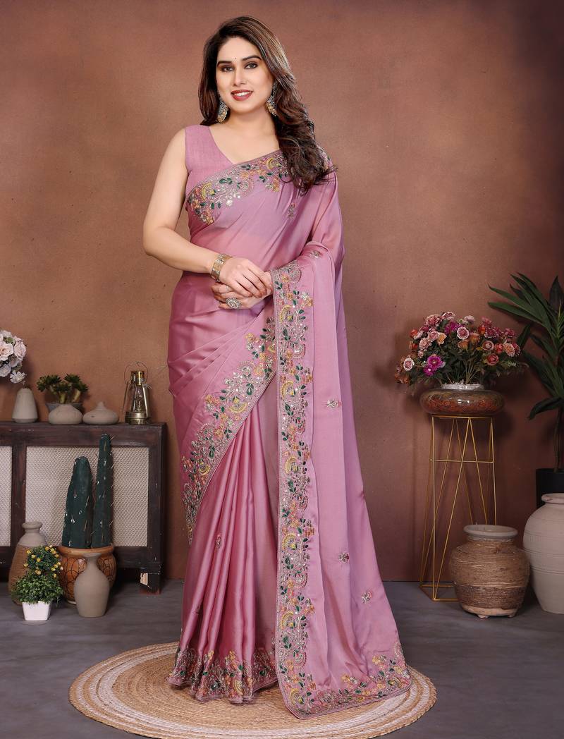 pink color rangoli silk embroidery work saree with plain  blouse piece