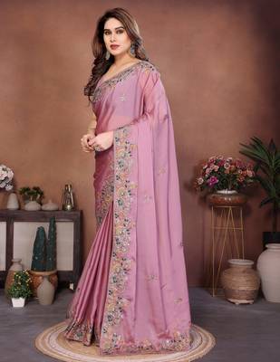 pink color rangoli silk embroidery work saree with plain  blouse piece 2
