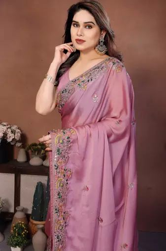 pink color rangoli silk embroidery work saree with plain  blouse piece