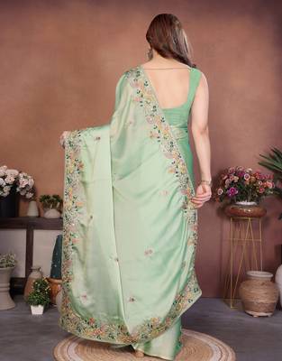 green color rangoli silk embroidery work saree with plain  blouse piece 3