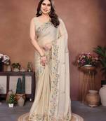 brown color rangoli silk embroidery work saree with plain  blouse piece