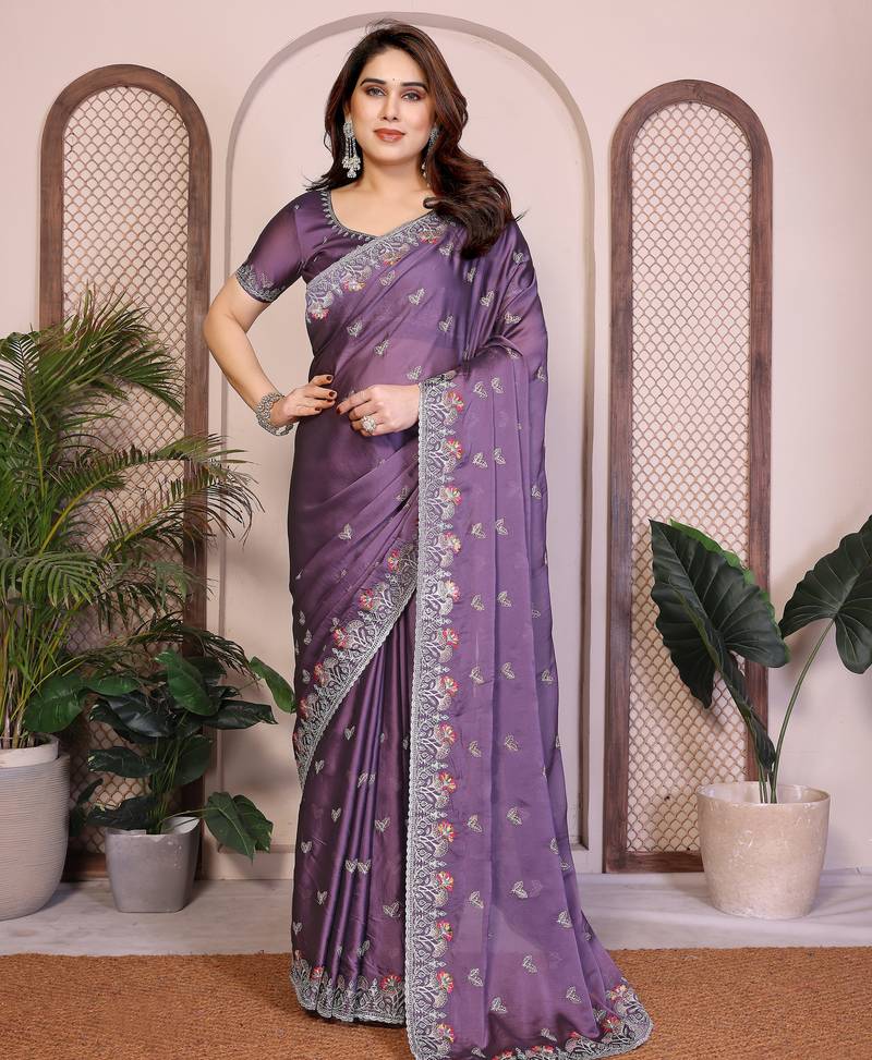 lavender color rangoli silk embroidery work saree with work blouse piece