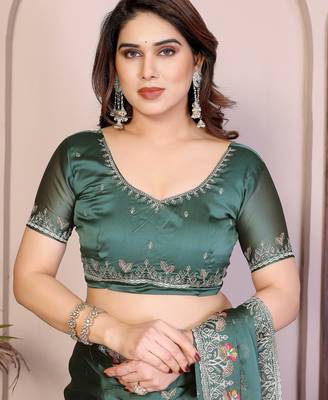 Teal color rangoli silk embroidery work saree with work blouse piece 5