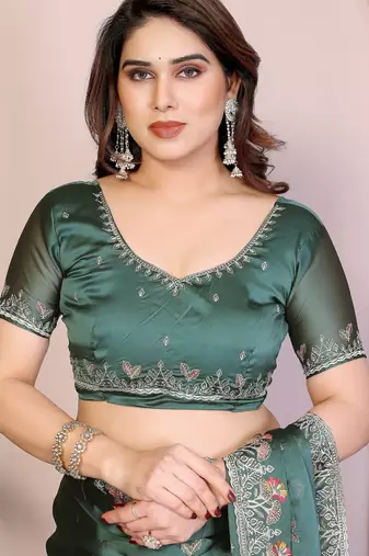 Teal color rangoli silk embroidery work saree with work blouse piece