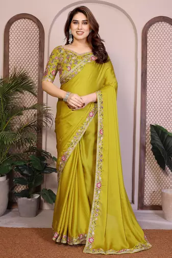 Parrot green color satin chiffon silk embroidery work saree with work blouse piece