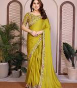 Parrot green color satin chiffon silk embroidery work saree with work blouse piece