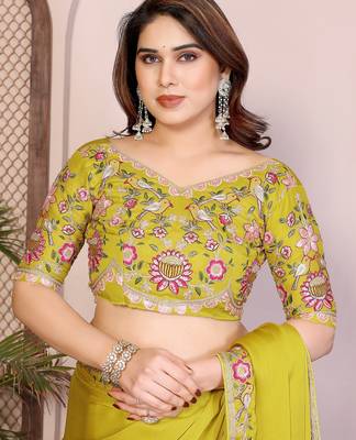 Parrot green color satin chiffon silk embroidery work saree with work blouse piece 5