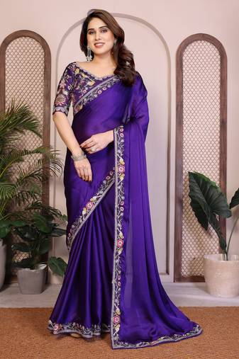 Purple color satin chiffon silk embroidery work saree with work blouse piece
