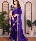 Purple color satin chiffon silk embroidery work saree with work blouse piece