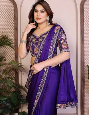 Purple color satin chiffon silk embroidery work saree with work blouse piece 4