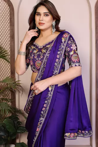 Purple color satin chiffon silk embroidery work saree with work blouse piece