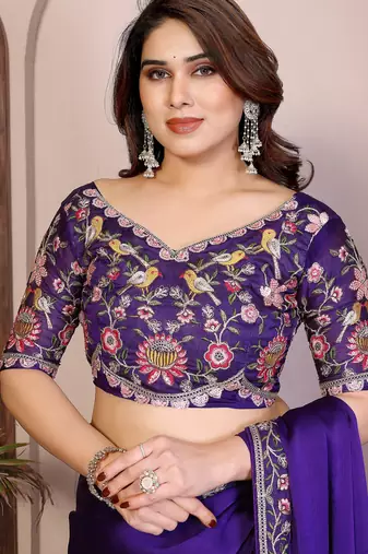 Purple color satin chiffon silk embroidery work saree with work blouse piece