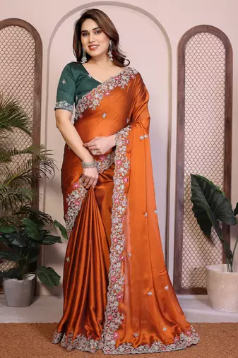 Rust color rangoli silk embroidery work saree with work blouse piece