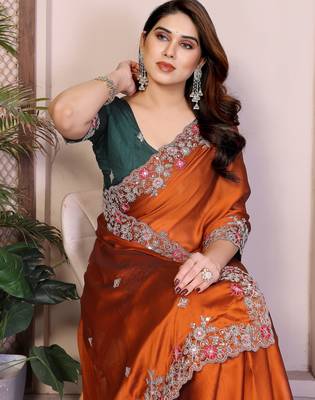 Rust color rangoli silk embroidery work saree with work blouse piece 4