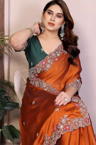 Rust color rangoli silk embroidery work saree with work blouse piece