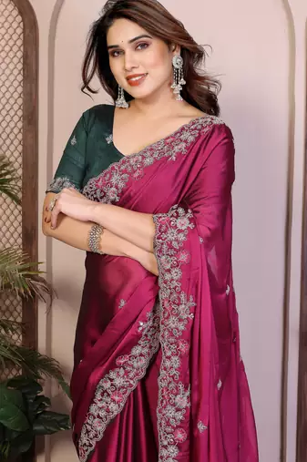 Pink color rangoli silk embroidery work saree with work blouse piece