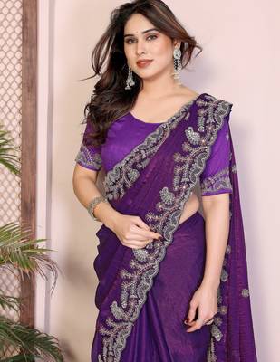 Puprle color  fandy chiffon  silk embroidery work saree with work blouse piece 4