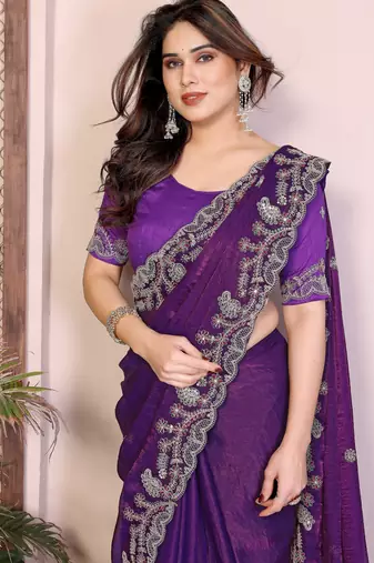 Puprle color  fandy chiffon  silk embroidery work saree with work blouse piece