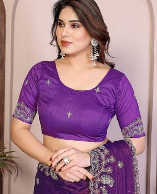 Puprle color  fandy chiffon  silk embroidery work saree with work blouse piece 5