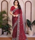 Maroon color fandy chiffon  silk embroidery work saree with work blouse piece