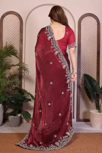 Maroon color fandy chiffon  silk embroidery work saree with work blouse piece