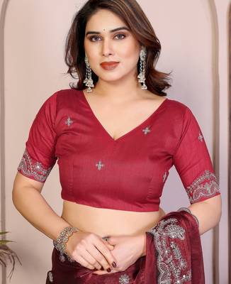 Maroon color fandy chiffon  silk embroidery work saree with work blouse piece 5