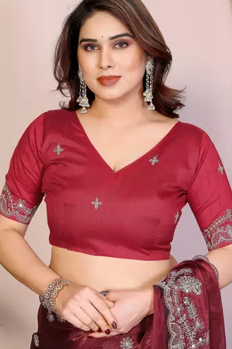 Maroon color fandy chiffon  silk embroidery work saree with work blouse piece