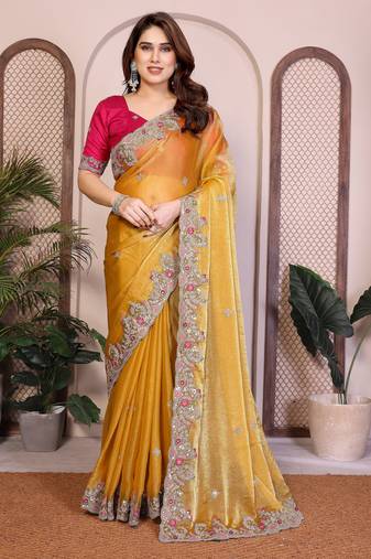 Yellow color fandy chiffon  silk embroidery work saree with work blouse piece