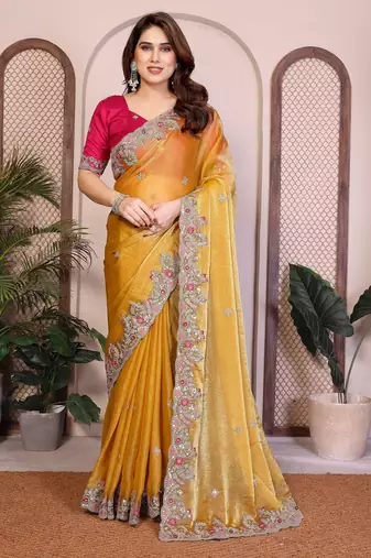 Yellow color fandy chiffon  silk embroidery work saree with work blouse piece