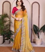 Yellow color fandy chiffon  silk embroidery work saree with work blouse piece
