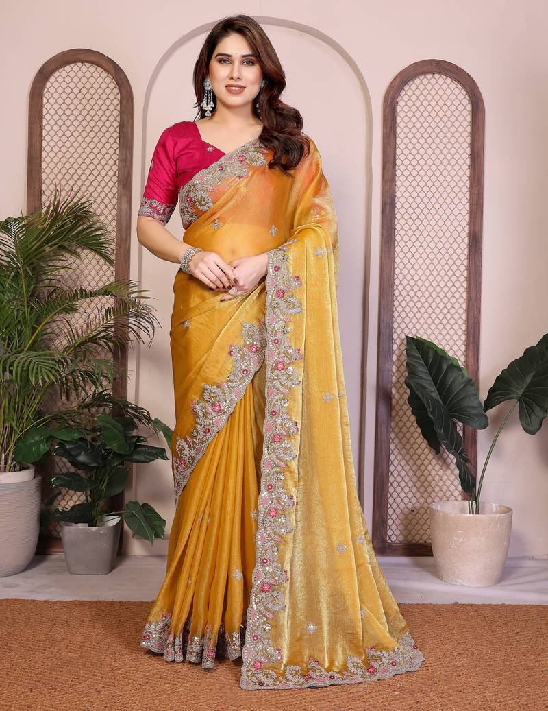 Yellow color fandy chiffon  silk embroidery work saree with work blouse piece