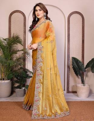 Yellow color fandy chiffon  silk embroidery work saree with work blouse piece 2