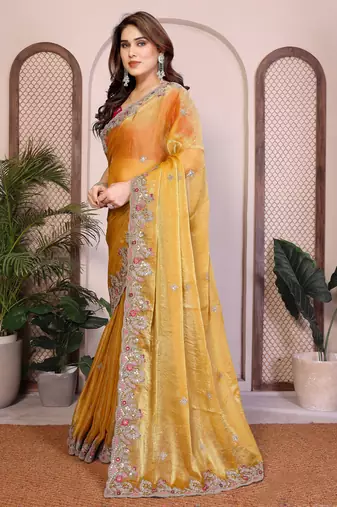 Yellow color fandy chiffon  silk embroidery work saree with work blouse piece