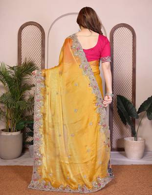 Yellow color fandy chiffon  silk embroidery work saree with work blouse piece 3