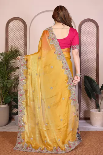 Yellow color fandy chiffon  silk embroidery work saree with work blouse piece