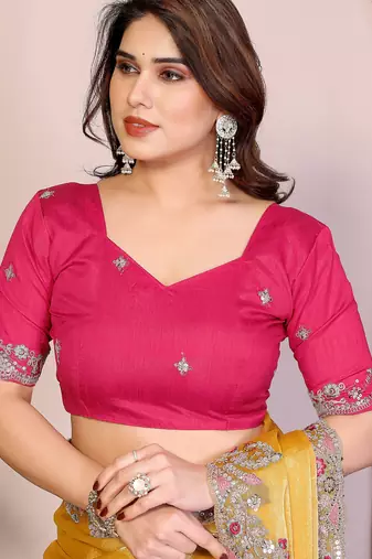 Yellow color fandy chiffon  silk embroidery work saree with work blouse piece