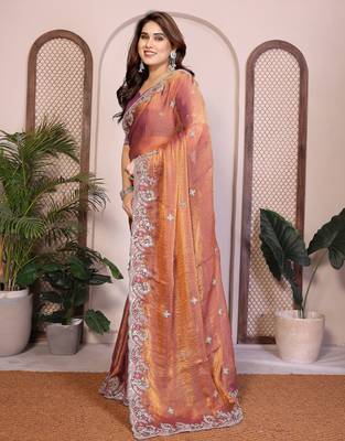 Rust color fandy chiffon  silk embroidery work saree with work blouse piece 2