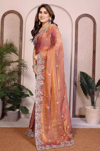 Rust color fandy chiffon  silk embroidery work saree with work blouse piece