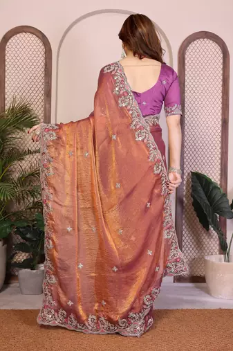 Rust color fandy chiffon  silk embroidery work saree with work blouse piece