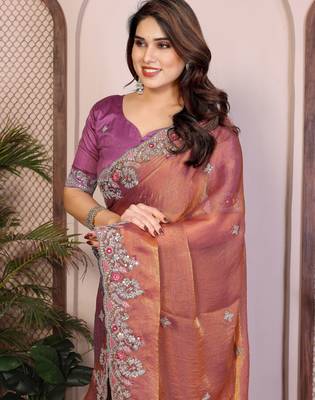 Rust color fandy chiffon  silk embroidery work saree with work blouse piece 4