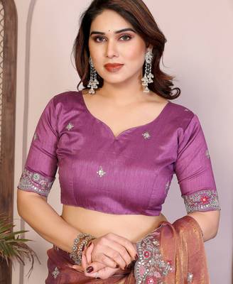 Rust color fandy chiffon  silk embroidery work saree with work blouse piece 5