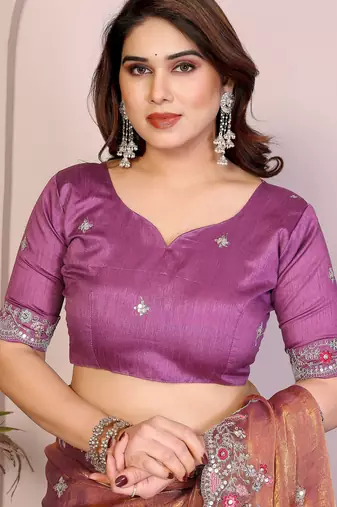 Rust color fandy chiffon  silk embroidery work saree with work blouse piece