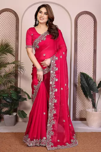 Pink color fandy chiffon  silk embroidery work saree with work blouse piece
