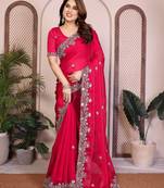 Pink color fandy chiffon  silk embroidery work saree with work blouse piece