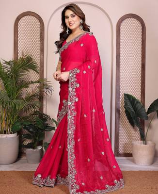 Pink color fandy chiffon  silk embroidery work saree with work blouse piece 2
