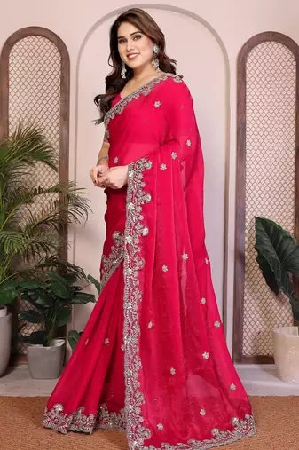Pink color fandy chiffon  silk embroidery work saree with work blouse piece