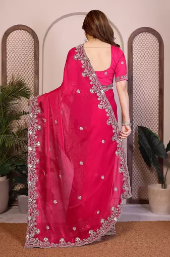 Pink color fandy chiffon  silk embroidery work saree with work blouse piece